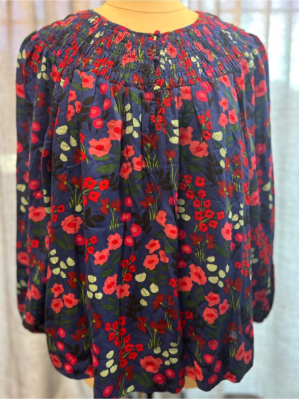 crown & ivy Navy Floral Smocked Neck Blouse with Pink Accents